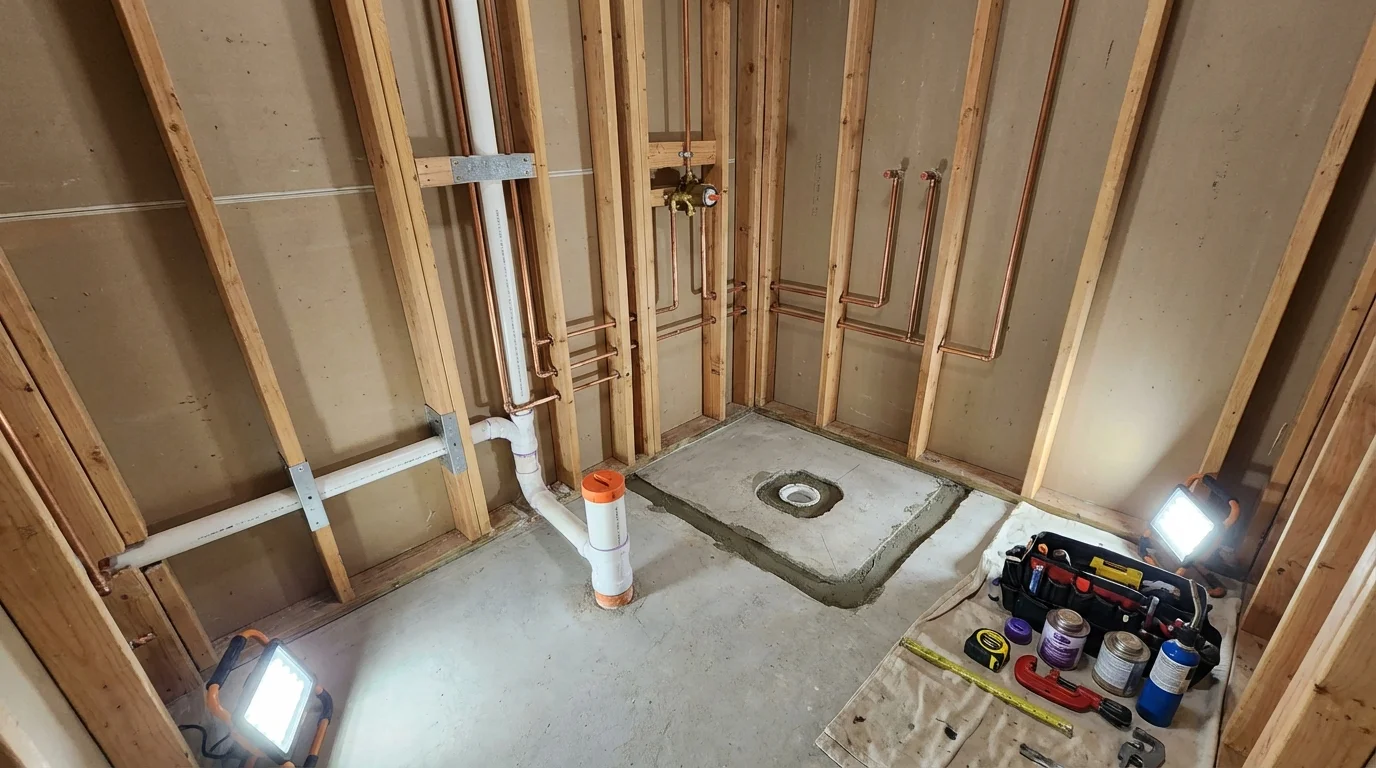 Bathroom rough-in plumbing during remodel by Johns Plumbing LLC in Urbandale