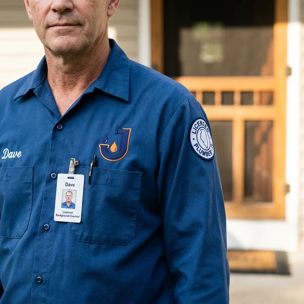 Licensed plumber showing ID badge in Urbandale, IA