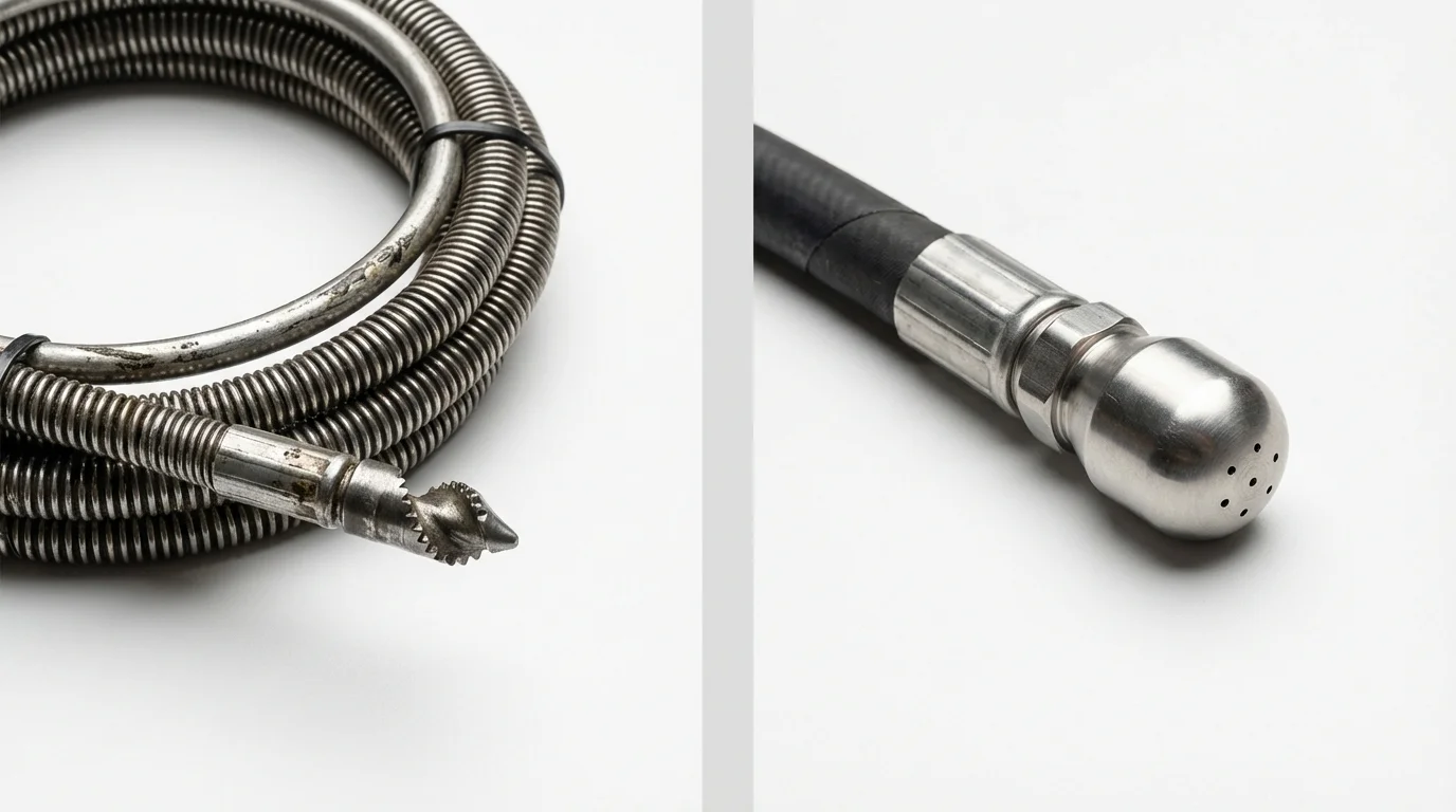 Drain snake cable and hydro jetting nozzle used for drain cleaning in Urbandale, IA