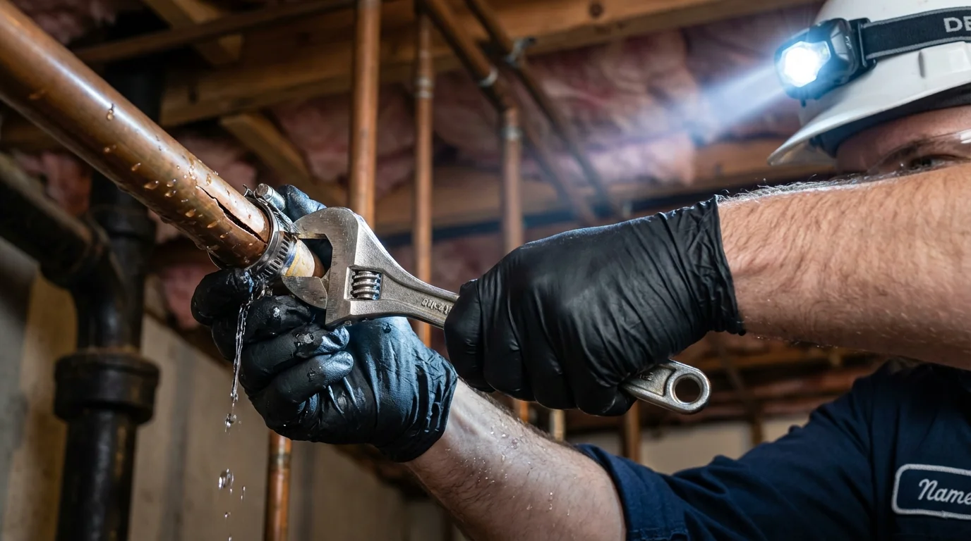 Emergency pipe clamp repair being performed by a Johns Plumbing LLC plumber in Urbandale