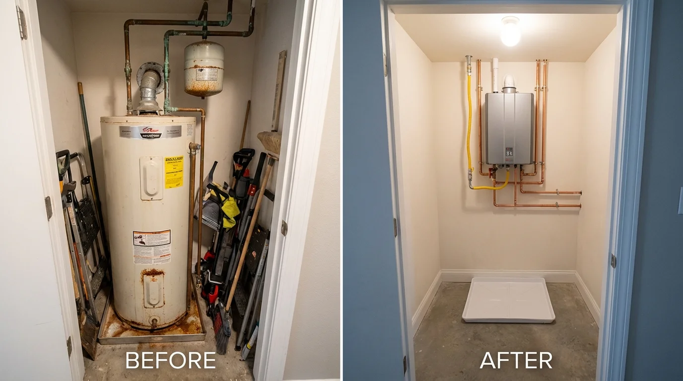 Tank water heater versus wall-mounted tankless unit comparison for Urbandale, IA homeowners