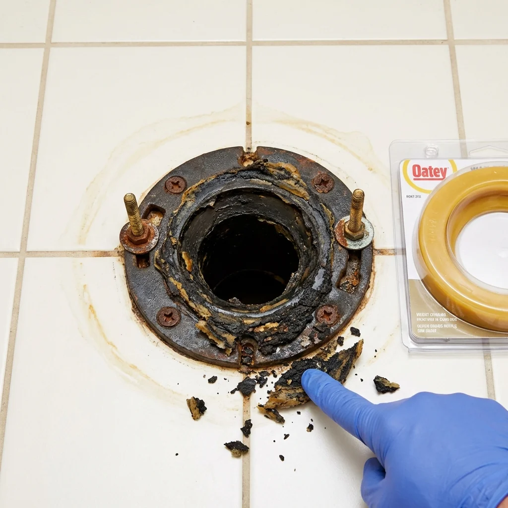 Failed wax ring showing water seepage at the base of a toilet in a Urbandale, IA home