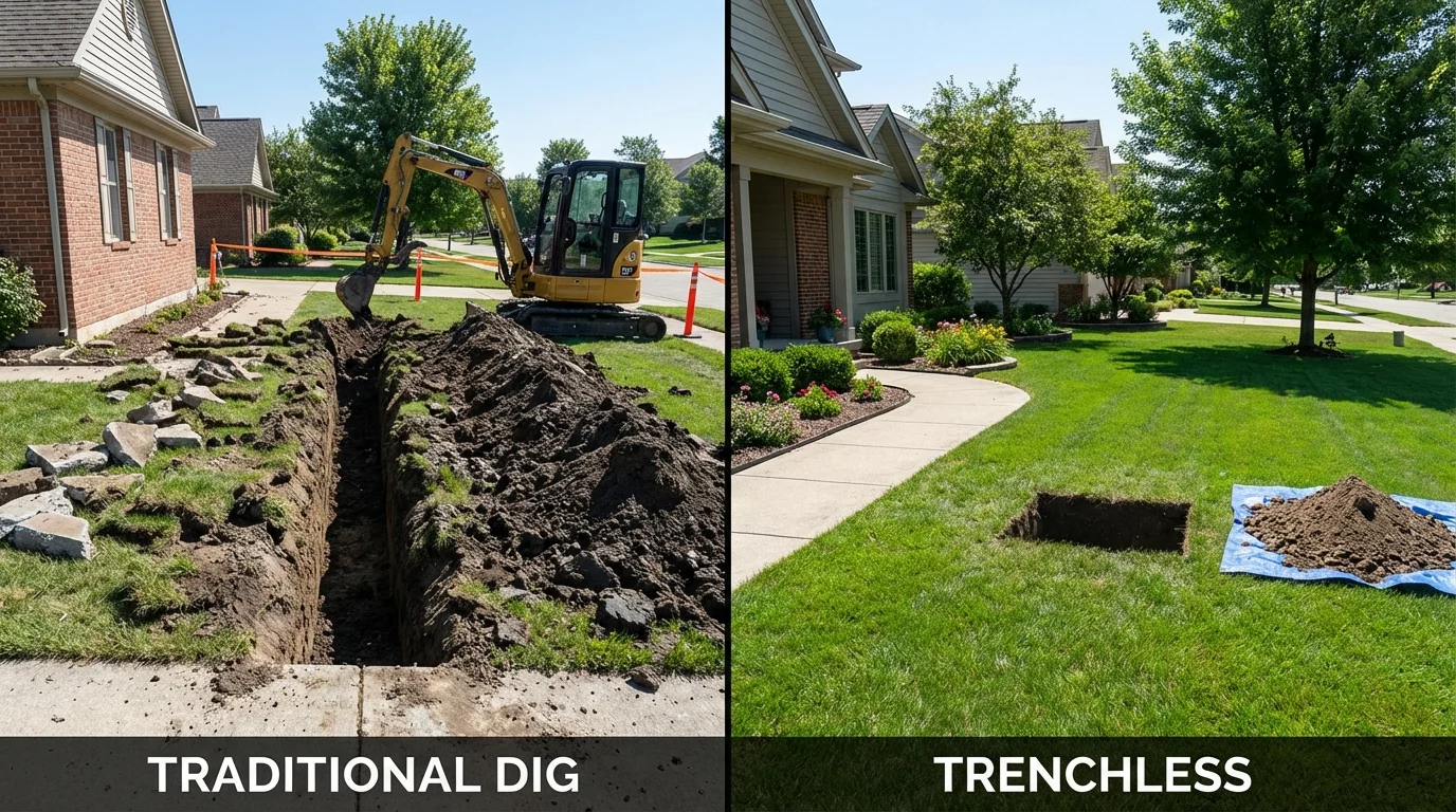 Trenchless sewer repair with minimal yard damage versus traditional excavation in Urbandale, IA