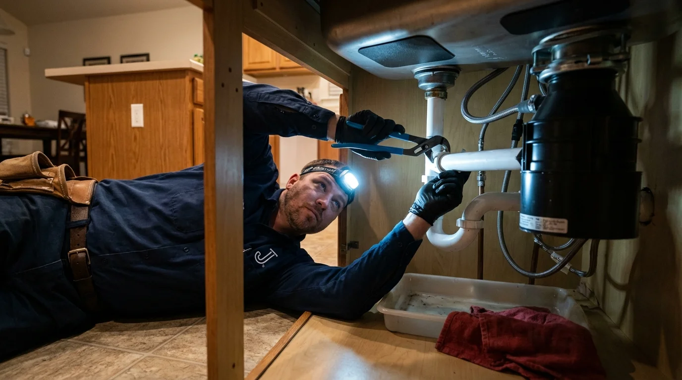 P-trap and supply line connections under a kitchen sink showing a common leak point in Urbandale, IA